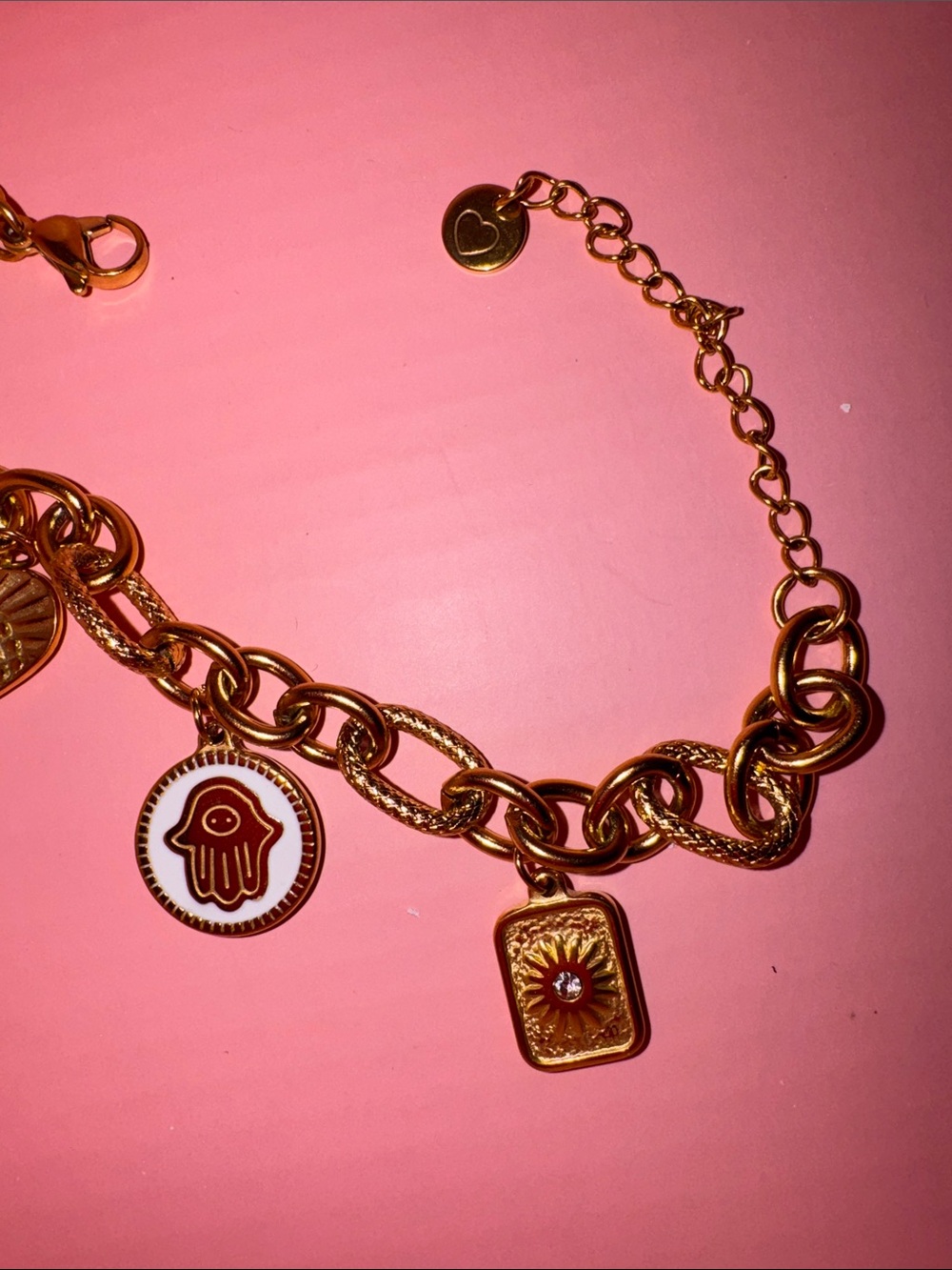 Stainless steel Charm Link Bracelet with Hamsa & Heart Charms - Picture 3 of 4